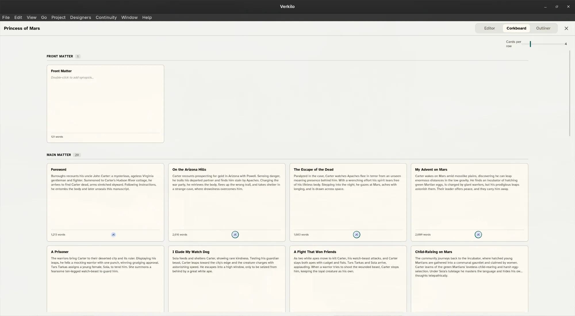 Verkilo corkboard and outliner planning views