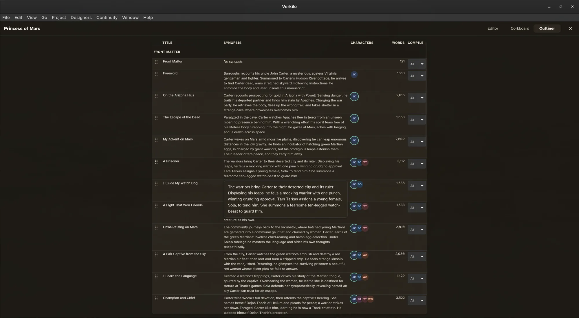 Verkilo outliner listing titles, synopses, and word counts
