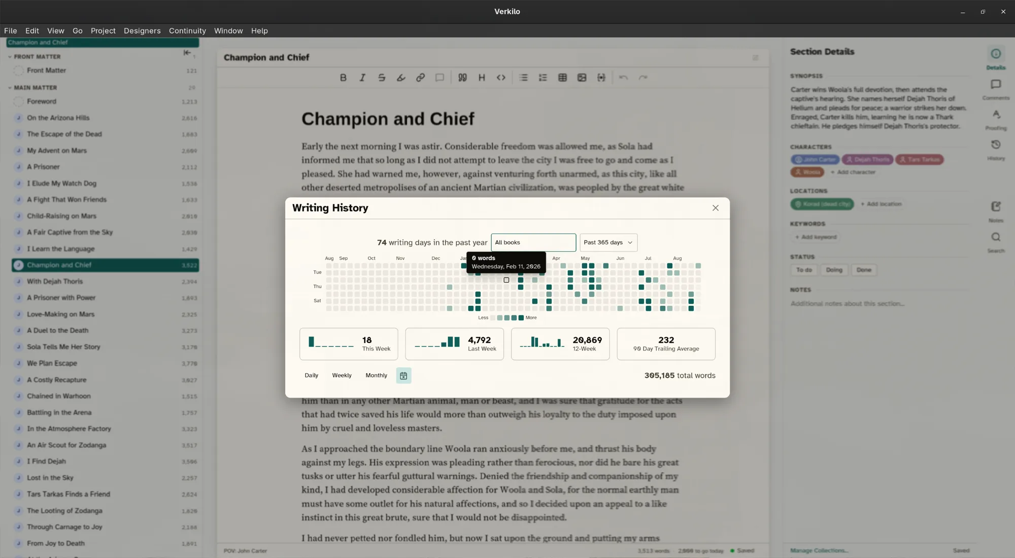 Verkilo Writing History with a year heatmap and weekly word counts